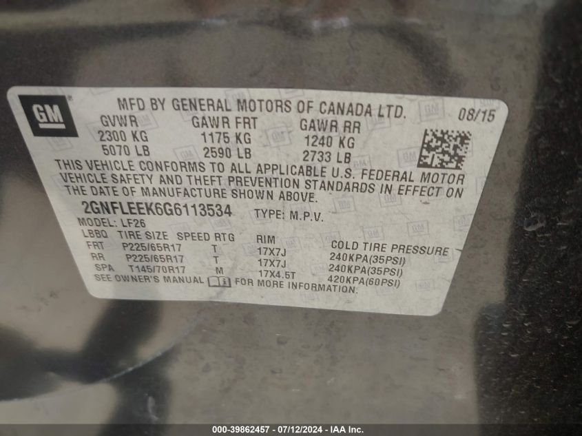 2016 Chevrolet Equinox Ls VIN: 2GNFLEEK6G6113534 Lot: 39862457