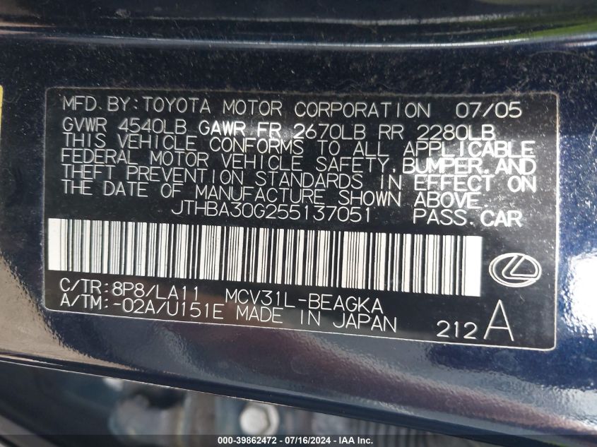 2005 Lexus Es 330 VIN: JTHBA30G255137051 Lot: 39862472