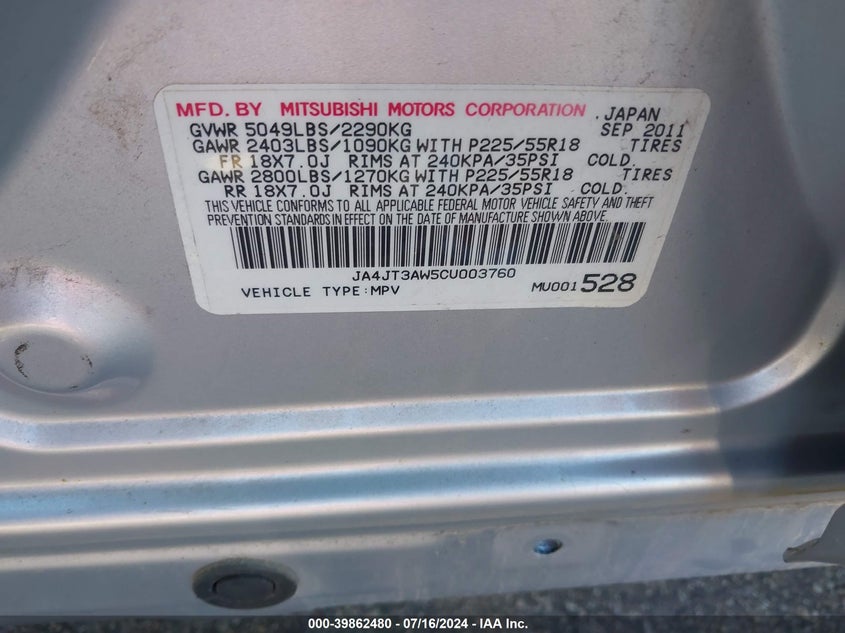 2012 Mitsubishi Outlander Se VIN: JA4JT3AW5CU003760 Lot: 39862480