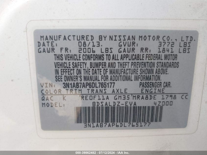 2013 Nissan Sentra Sv VIN: 3N1AB7AP6DL765177 Lot: 39862482