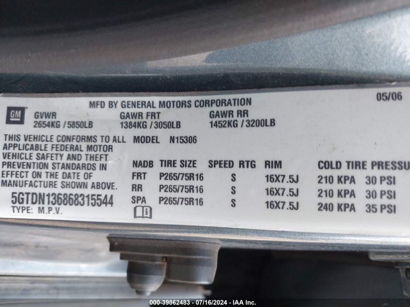 2006 Hummer H3 Suv VIN: 5GTDN136868315544 Lot: 39862483