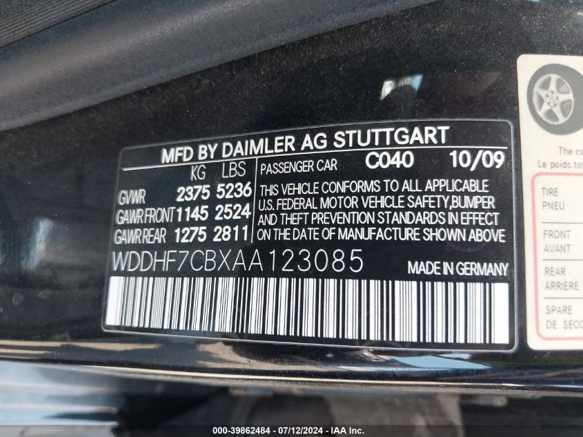 2010 Mercedes-Benz E 550 VIN: WDDHF7CBXAA123085 Lot: 39862484