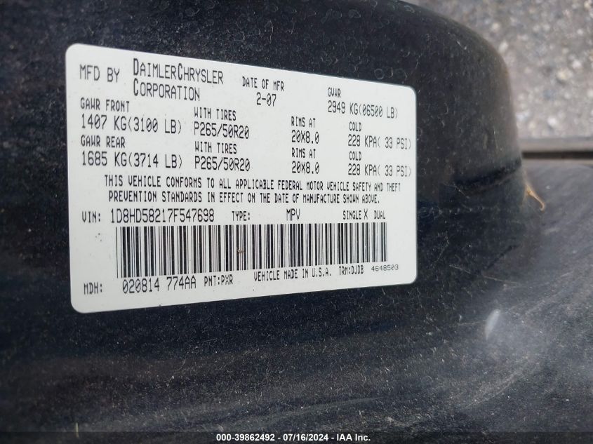 2007 Dodge Durango Limited VIN: 1D8HD58217F547698 Lot: 39862492