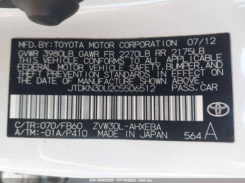 JTDKN3DU2C5506512 | 2012 TOYOTA PRIUS