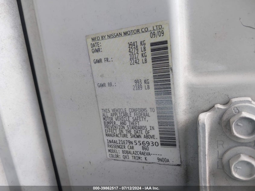 2009 Nissan Altima 2.5 VIN: 1N4AL21E79N556930 Lot: 39862517