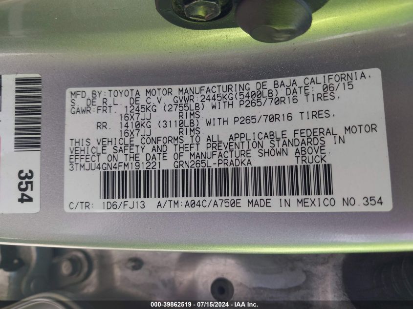 2015 Toyota Tacoma Prerunner V6 VIN: 3TMJU4GN4FM191221 Lot: 39862519
