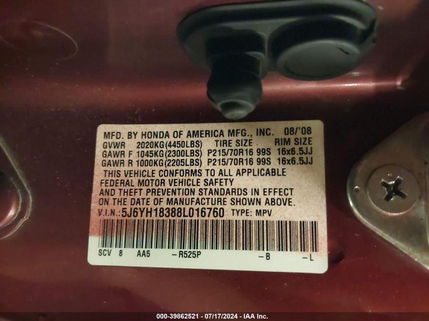 2008 Honda Element Lx VIN: 5J6YH18388L016760 Lot: 39862521