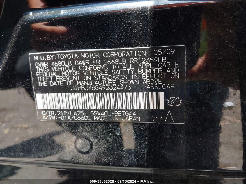 2009 Lexus Es 350 VIN: JTHBJ46G492324473 Lot: 39862528