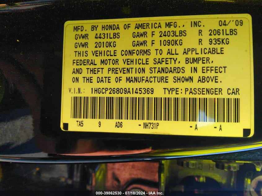 2009 Honda Accord 2.4 Ex-L VIN: 1HGCP26809A145369 Lot: 39862530