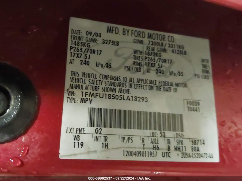 2005 Ford Expedition Eddie Bauer/King Ranch VIN: 1FMFU18505LA18293 Lot: 39862537