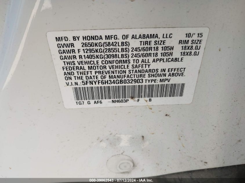 2016 Honda Pilot Ex VIN: 5FNYF6H34GB032903 Lot: 39862543