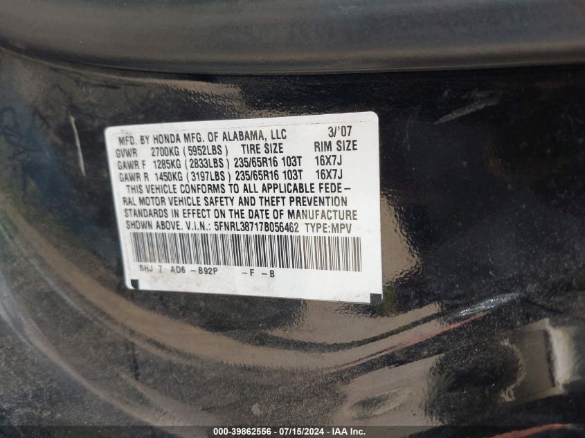 2007 Honda Odyssey Ex-L VIN: 5FNRL38717B056462 Lot: 39862556