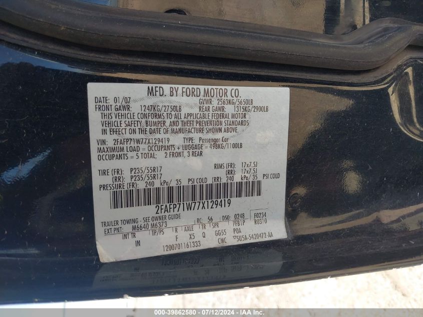 2007 Ford Crown Victoria Police/Police Interceptor VIN: 2FAFP71W77X129419 Lot: 39862580