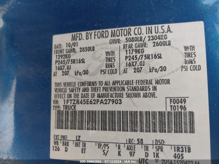 2002 Ford Ranger Edge/Xlt VIN: 1FTZR45E62PA27903 Lot: 39862582