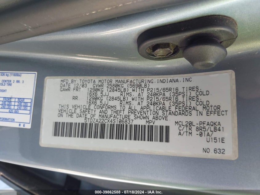 2004 Toyota Sienna Xle/Xle Limited VIN: 5TDZA22CX4S106837 Lot: 39862588