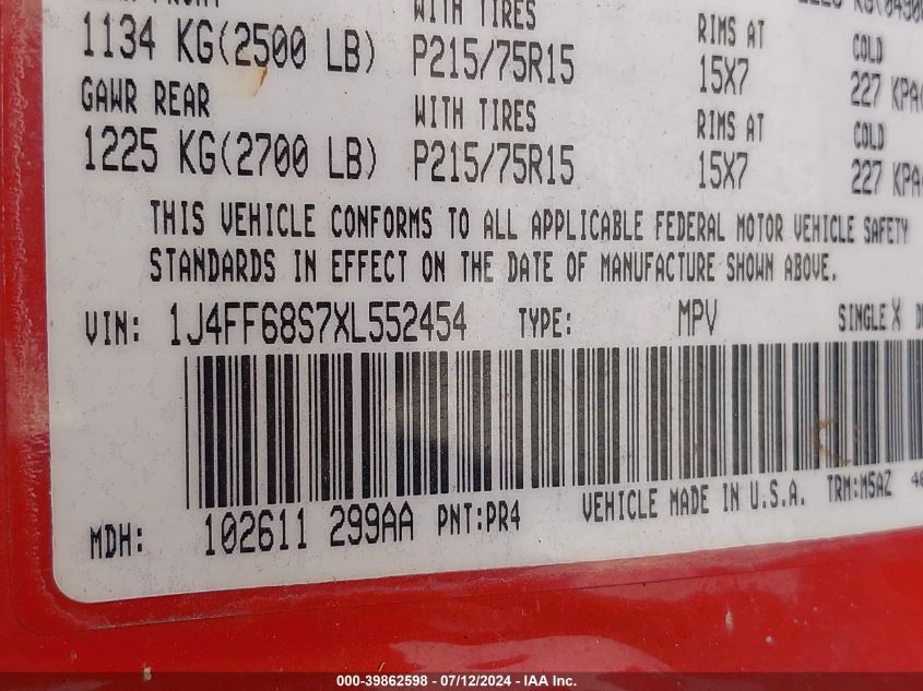 1999 Jeep Cherokee Classic/Sport VIN: 1J4FF68S7XL552454 Lot: 39862598