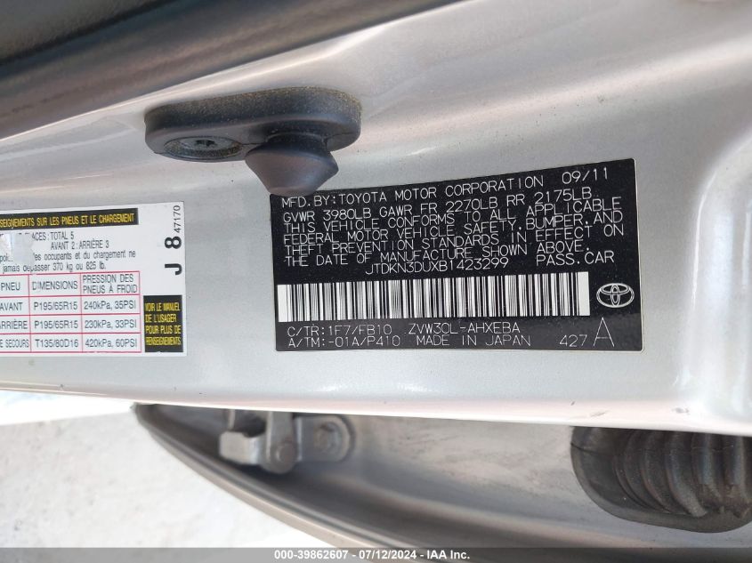 2011 Toyota Prius Two VIN: JTDKN3DUXB1423299 Lot: 39862607