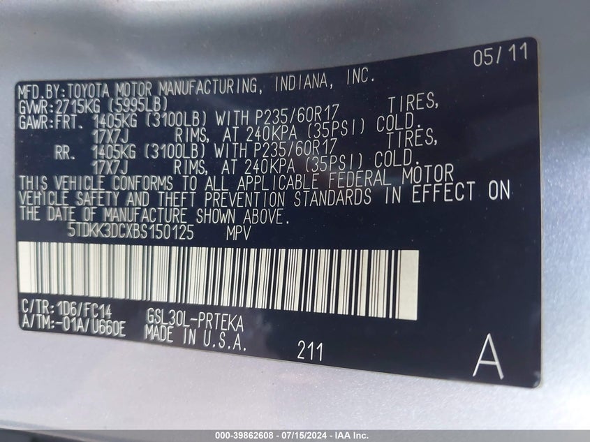 2011 Toyota Sienna Le V6 VIN: 5TDKK3DCXBS150125 Lot: 39862608