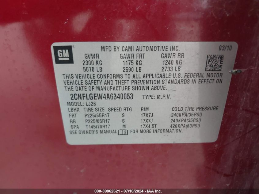 2010 Chevrolet Equinox Ltz VIN: 2CNFLGEW4A6340053 Lot: 39862621