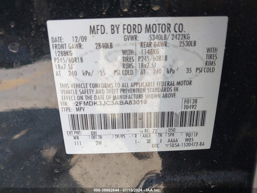 2010 Ford Edge Sel VIN: 2FMDK3JC3ABA83019 Lot: 39862644