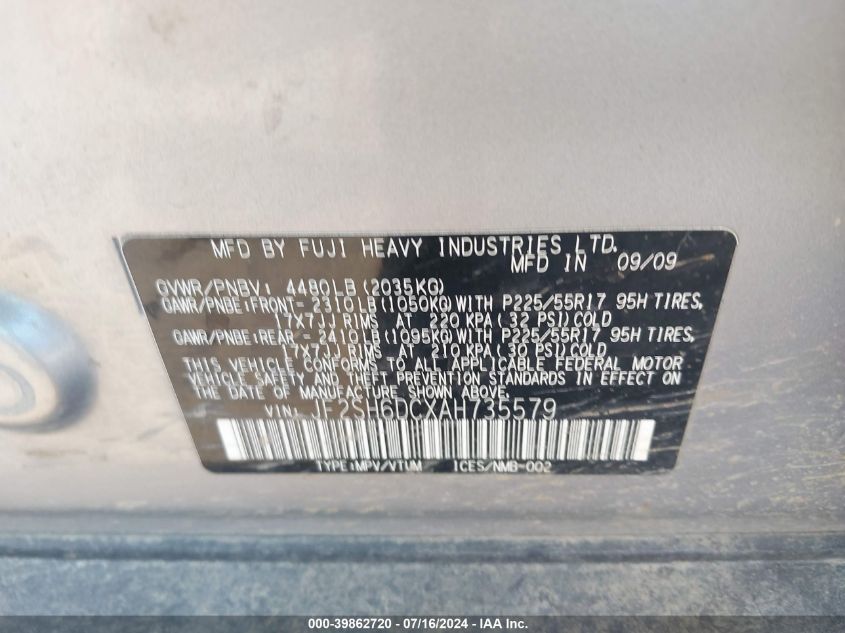 2010 Subaru Forester 2.5X Limited VIN: JF2SH6DCXAH735579 Lot: 39862720