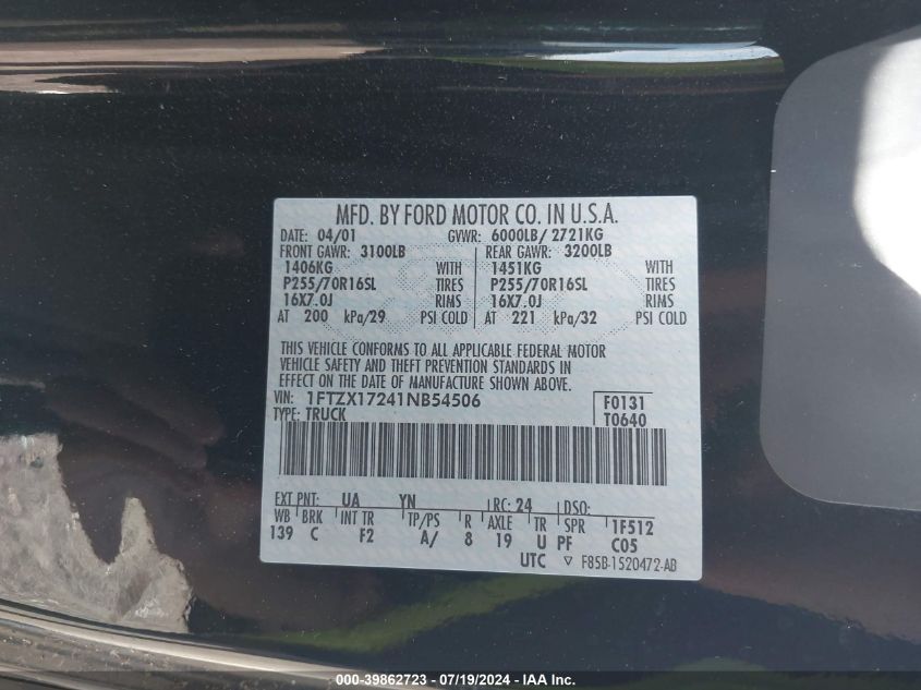 2001 Ford F150 VIN: 1FTZX17241NB54506 Lot: 39862723