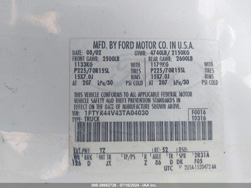 2003 Ford Ranger Super Cab VIN: 1FTYR44V43TA04030 Lot: 39862726