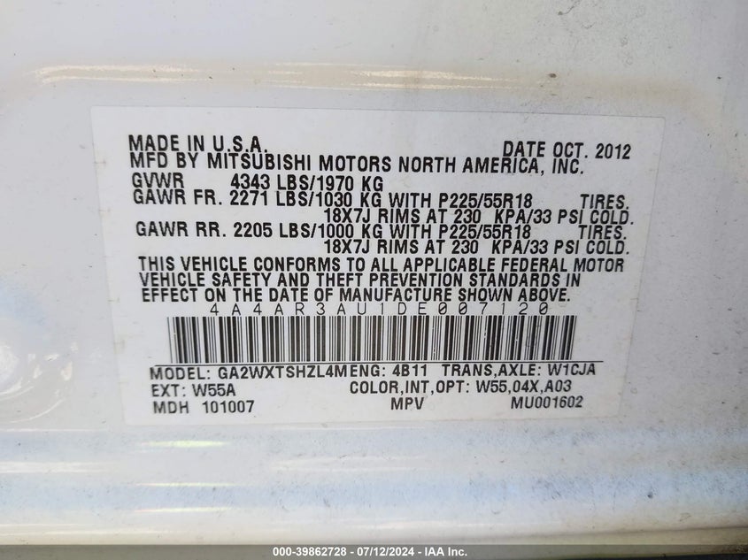 2013 Mitsubishi Outlander Sport Es VIN: 4A4AR3AU1DE007120 Lot: 39862728