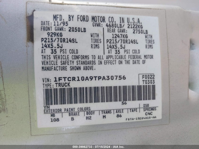 1996 Ford Ranger VIN: 1FTCR10A9TPA30756 Lot: 39862733