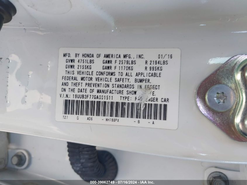 2016 Acura Tlx V6 Advance VIN: 19UUB3F77GA001511 Lot: 39862749