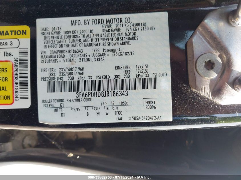 2018 Ford Fusion Se VIN: 3FA6P0HD8JR18634 Lot: 39862753