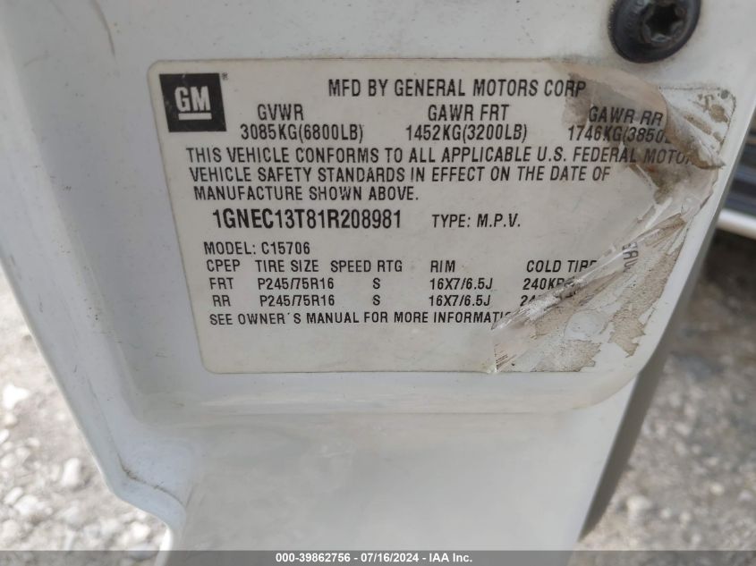 2001 Chevrolet Tahoe C1500 VIN: 1GNEC13T81R208981 Lot: 39862756