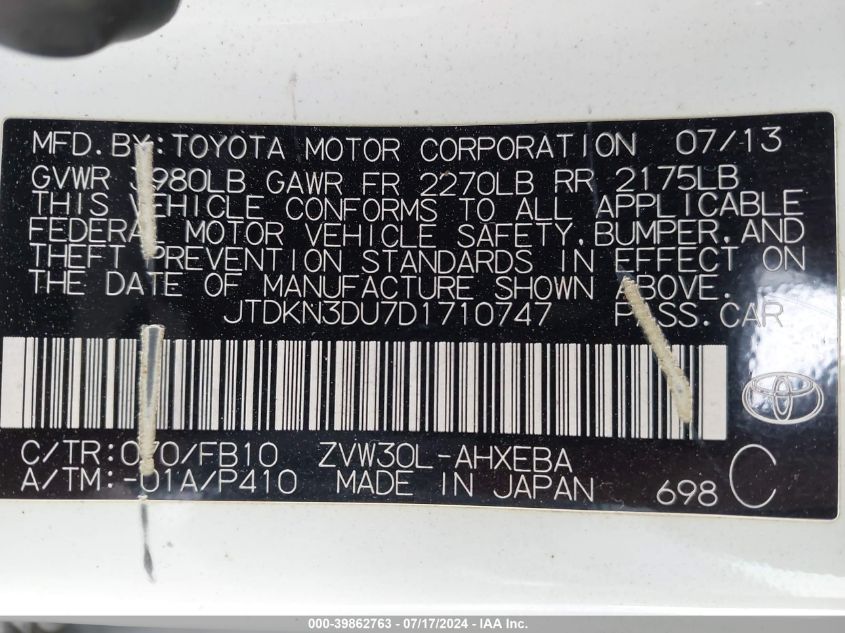 2013 Toyota Prius Two VIN: JTDKN3DU7D1710747 Lot: 39862763