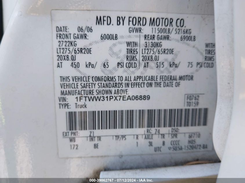 2007 Ford F-350 Lariat/Xl/Xlt VIN: 1FTWW31PX7EA06889 Lot: 39862767