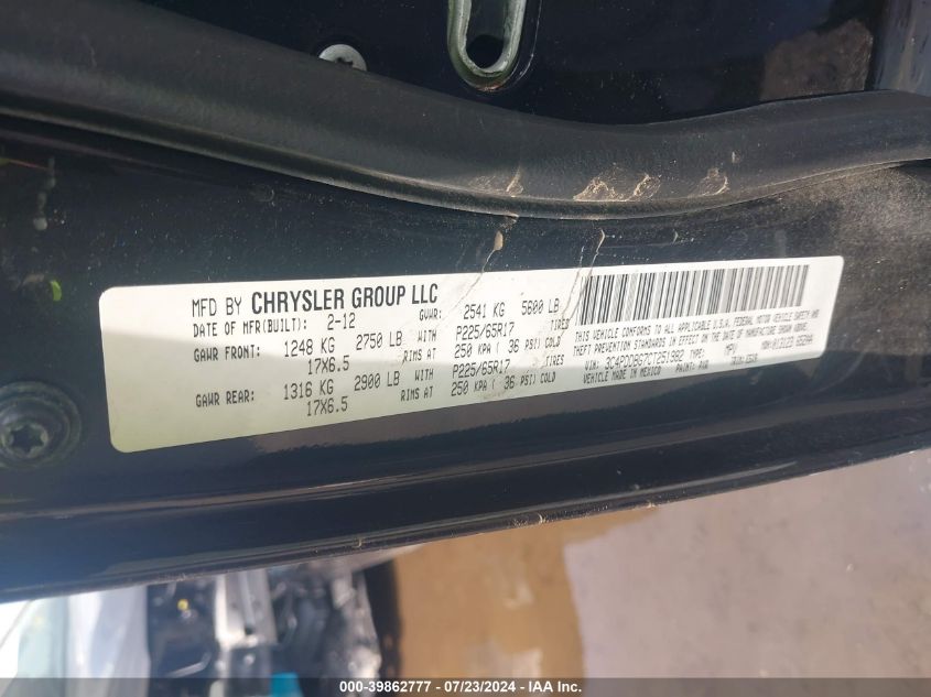 2012 Dodge Journey Sxt VIN: 3C4PDDBG7CT251982 Lot: 39862777