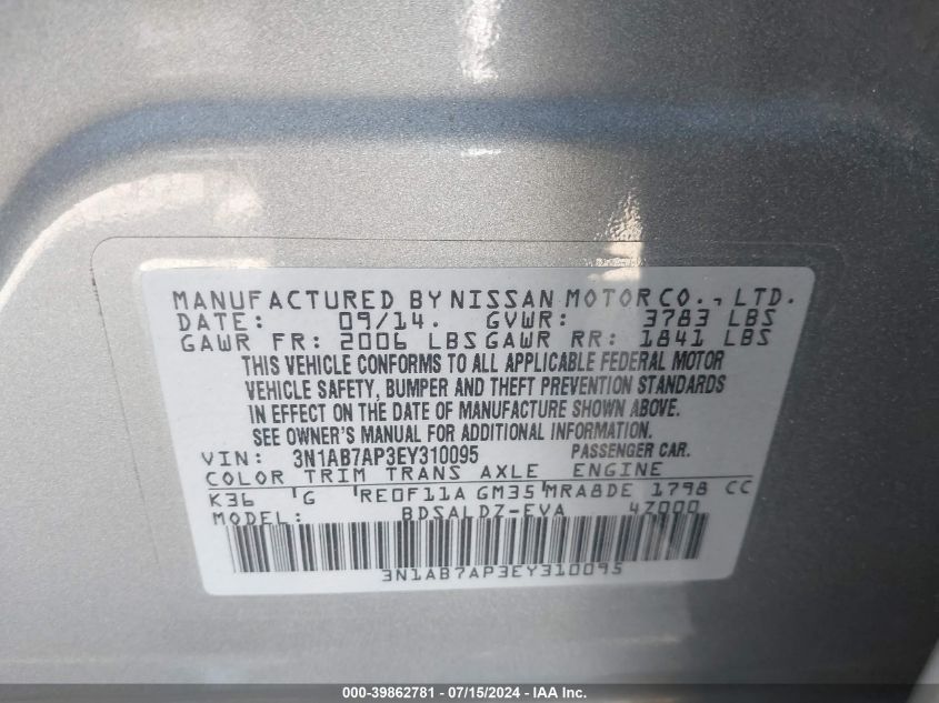 2014 Nissan Sentra Sv VIN: 3N1AB7AP3EY310095 Lot: 39862781