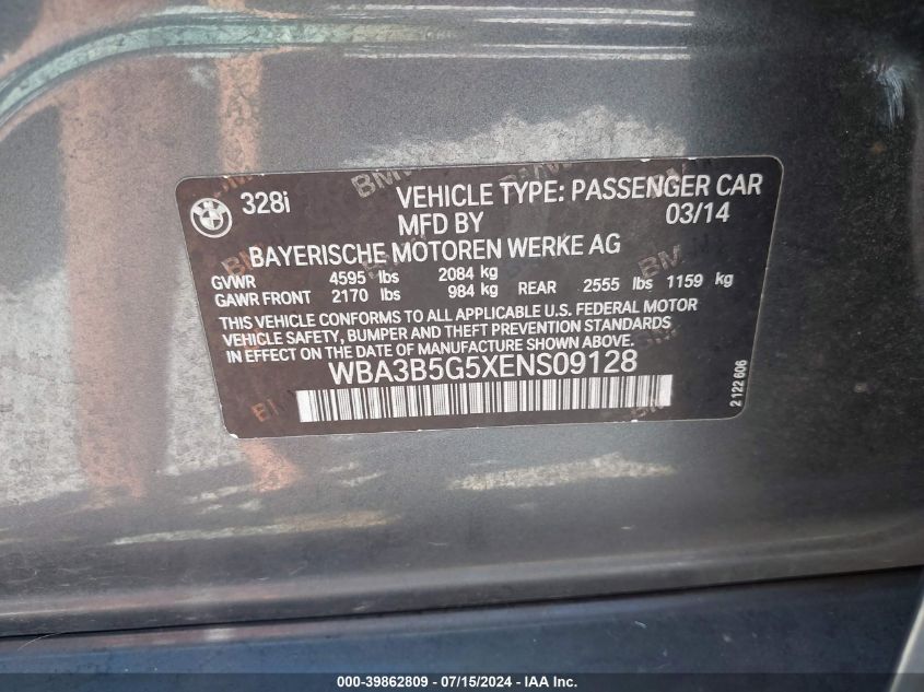 2014 BMW 328I xDrive VIN: WBA3B5G5XENS09128 Lot: 39862809