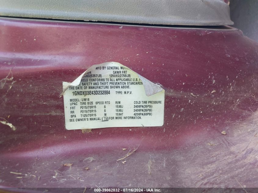 2003 Chevrolet Venture Ls VIN: 1GNDX03E43D232884 Lot: 39862832