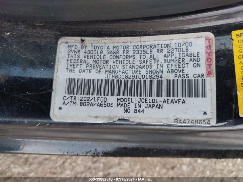 2001 Lexus Is 300 VIN: JTHBD182910018594 Lot: 39862848