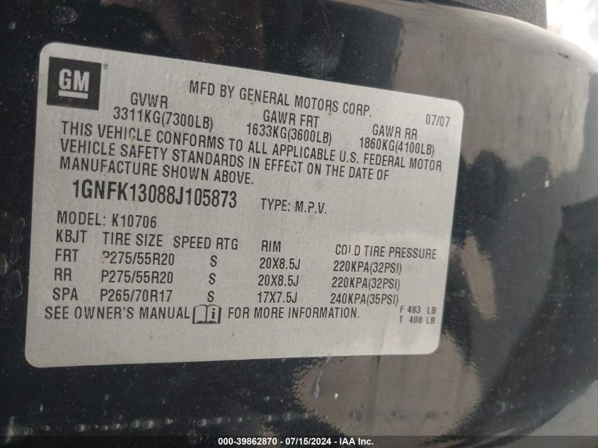 2008 Chevrolet Tahoe Ltz VIN: 1GNFK13088J105873 Lot: 39862870
