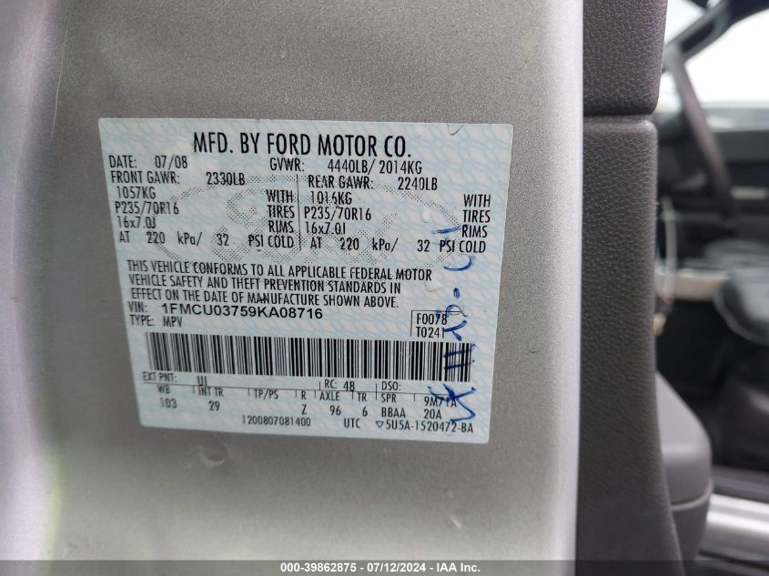 2009 Ford Escape Xlt VIN: 1FMCU03759KA08716 Lot: 39862875