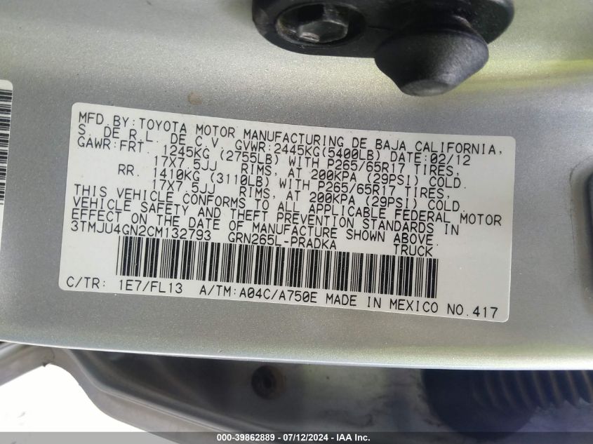 2012 Toyota Tacoma Prerunner V6 VIN: 3TMJU4GN2CM132793 Lot: 39862889