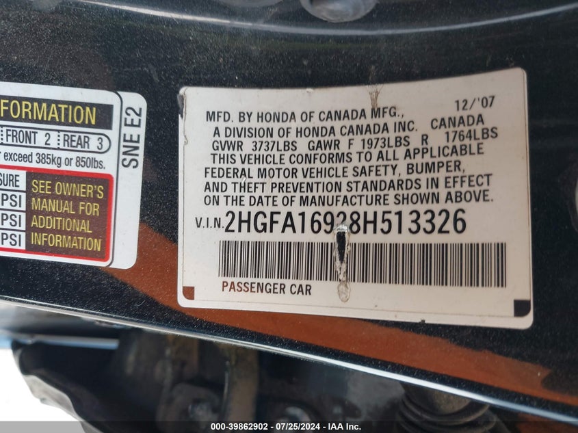 2008 Honda Civic Ex-L VIN: 2HGFA16928H513326 Lot: 39862902