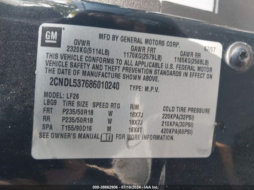 2008 Chevrolet Equinox Sport VIN: 2CNDL537686010240 Lot: 39862906