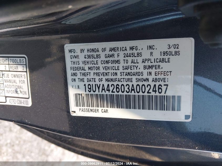 2003 Acura Cl 3.2 Type S Automatic VIN: 19UYA42603A002467 Lot: 39862911