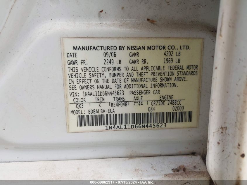 1N4AL11D66N445623 | 2006 NISSAN ALTIMA