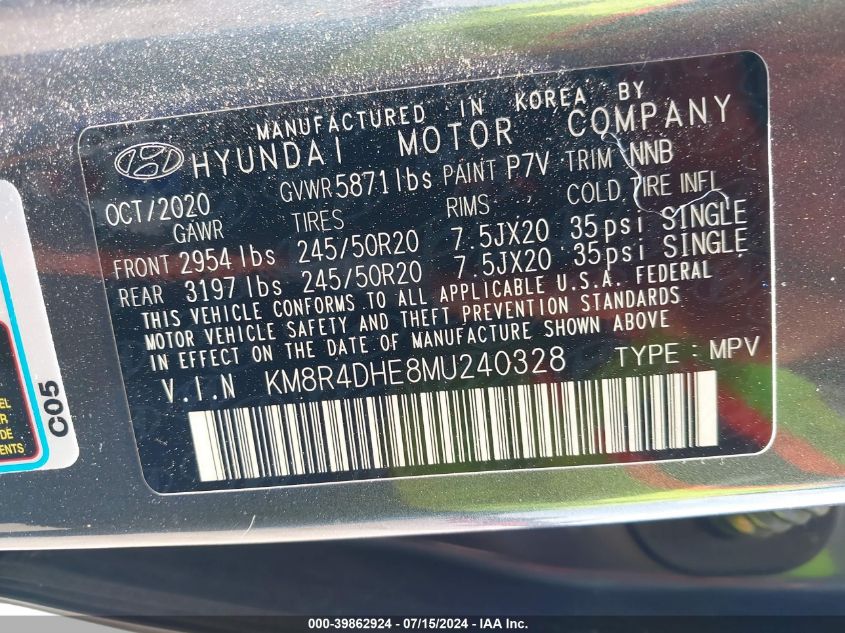 2021 Hyundai Palisade Sel VIN: KM8R4DHE8MU240328 Lot: 39862924