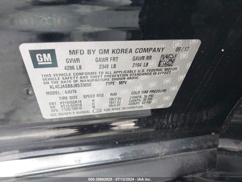 2018 Buick Encore Preferred VIN: KL4CJASB8JB533650 Lot: 39862925