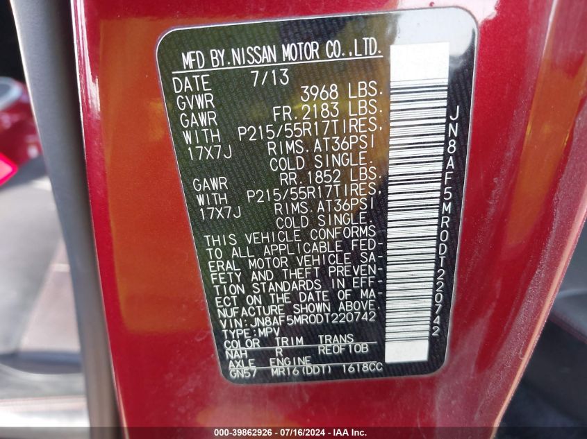 2013 Nissan Juke Sl VIN: JN8AF5MR0DT220742 Lot: 39862926