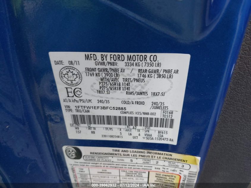 2011 Ford F-150 Fx4 VIN: 1FTFW1EF3BFC52885 Lot: 39862932